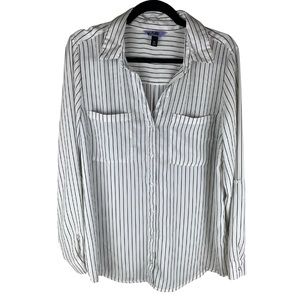 XL Vylette White & Black Pin Stripe button up Work Blouse